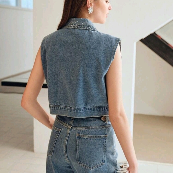 DENIM RHINESTONE DETAIL FLAP DETAIL VEST JACKET - Picture 3 of 8